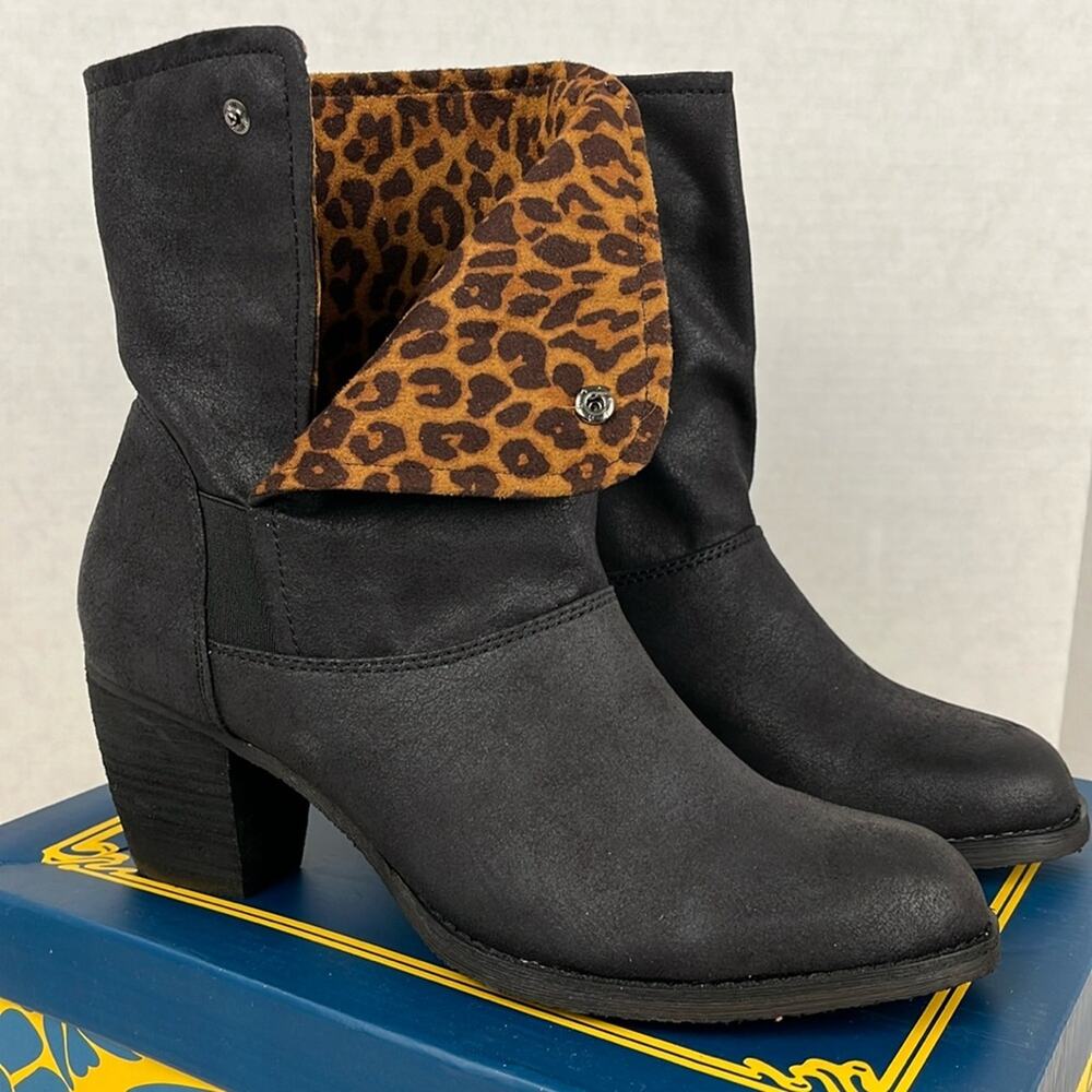 Sbicca Maleena Booties Black Tan Leopard Size 8 Stacked Heel